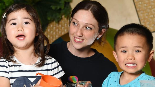 Verity Bender, Kathryn Cheesman (teacher) and Oscar Diep making banana bread. Picture: Josie Hayden