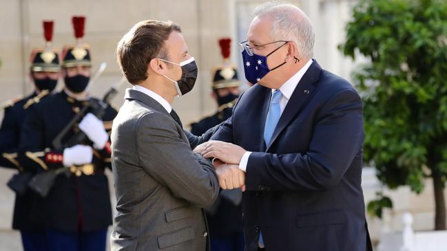 Scott Morrison with Emmanuel Macron at the Élysée Presidential Palace in Paris. Picture: Adam Taylor