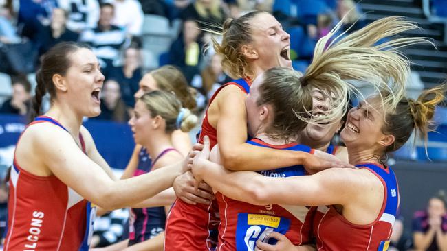 City West Falcons celebrate their grand final win last year.