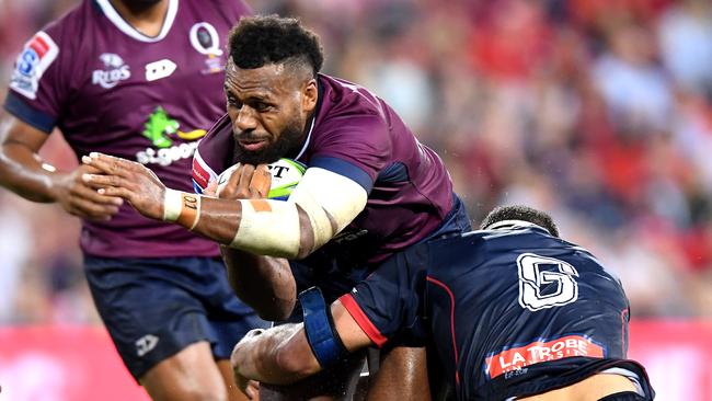 Queensland’s Samu Kerevi is tackled on Saturday night. Picture: Getty Images