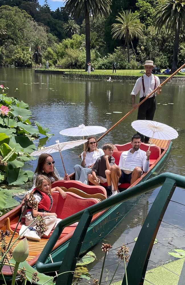 Novak Djokovic and his family at the Royal Botanic Gardens ahead of the Australian Open. Picture: Judith Vanderhorst