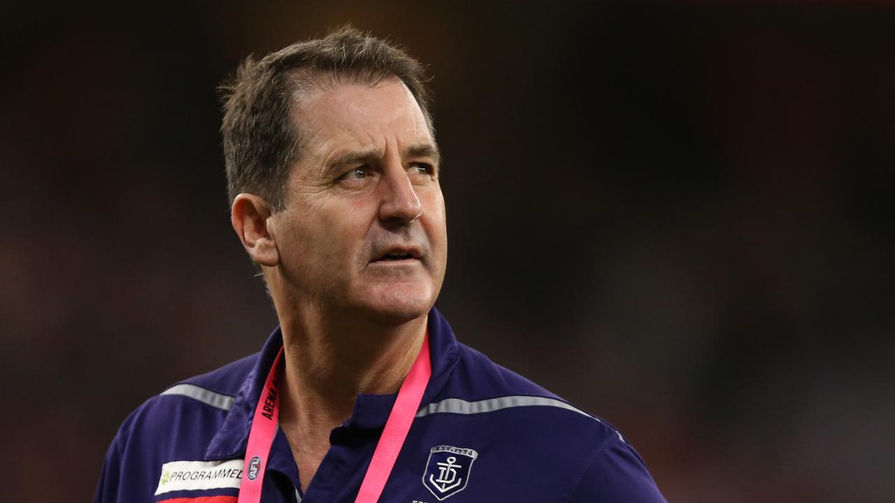 PERTH, AUSTRALIA - JULY 20: Dockers head coach Ross Lyon looks on while walking from the field during the round 18 AFL match between the Fremantle Dockers and the Sydney Swans at Optus Stadium on July 20, 2019 in Perth, Australia. (Photo by Paul Kane/Getty Images)