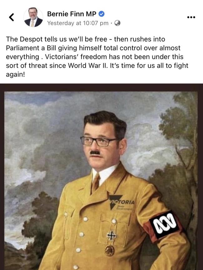 Controversial Liberal MP Bernie Finn has deleted an offensive post which compared Daniel Andrews to Adolf Hitler.