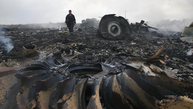 A government official walks through the wreckage of Flight MH17, shot down in the Donetsk region of Ukraine on July 17, 2014. Picture: Reuters/Maxim Zmeyev