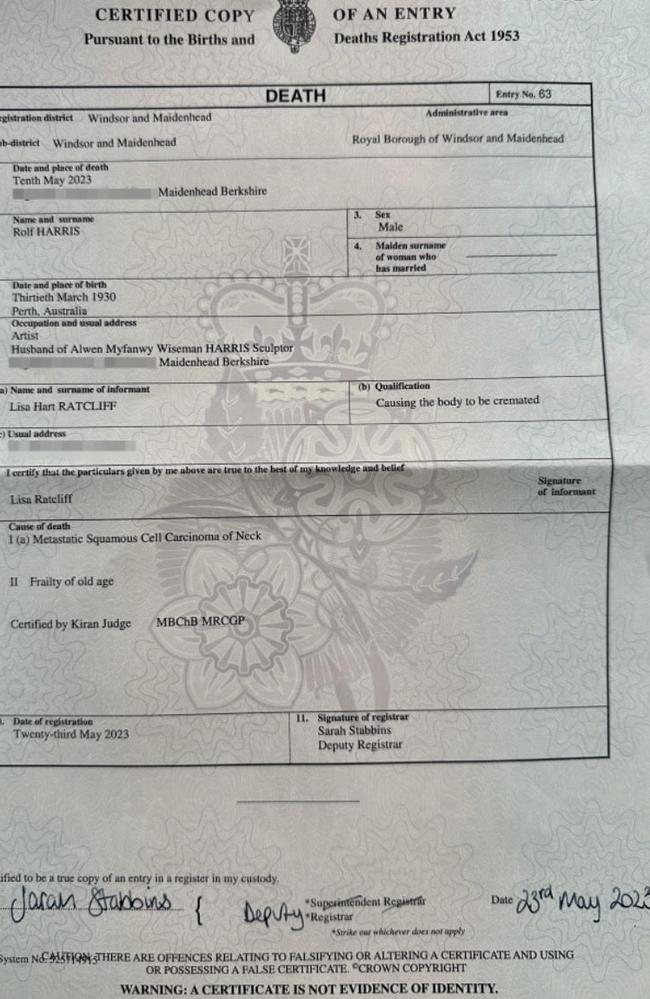 Rolf Harris died from cancer and old age, according to his death certificate.