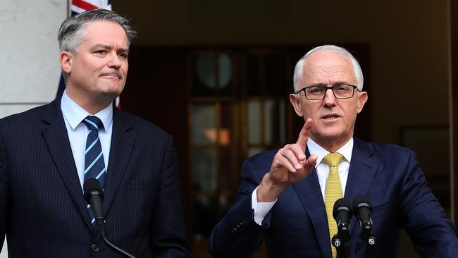 Senator Mathias Cormann, PM Malcolm Turnbull and Treasurer Scott Morrison holding a press conference at Parliament House in Canberra. Picture Kym Smith