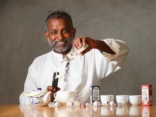 10.2.2020.GoMicro CEO and founder Sivam Krish with a selection of tea from Sri Lanka, demonstrating how the GoMicro iphone attachment can be used to take magnified photos of tea leaves, assess them using artificial intelligence (AI) and help tea selectors prepare the perfect brew, he will soon launch the GoMicro AI App. PIC TAIT SCHMAAL.