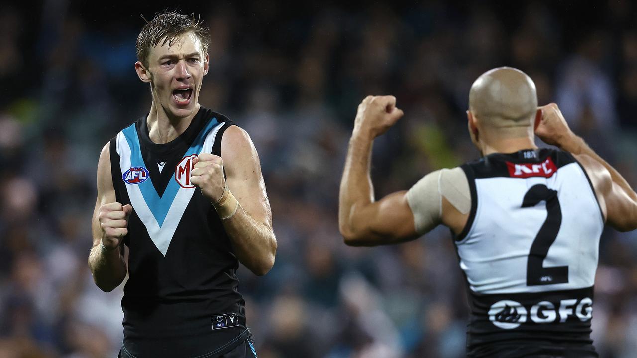 Todd Marshall celebrates kicking a goal during Gather Round. Picture: Phil Hillyard