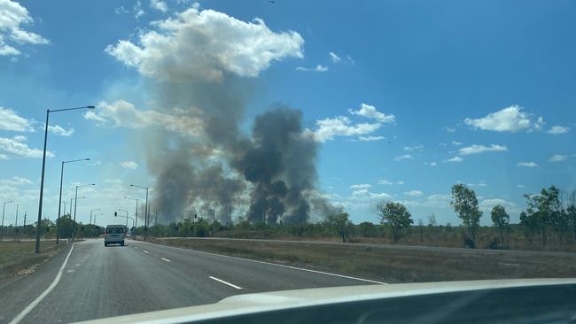 Firefighters saved a structure from being barbecued after a ‘suspiciously lit’ blaze spread from the Elizabeth River to the Stuart Hwy. Picture: Sierra Haigh