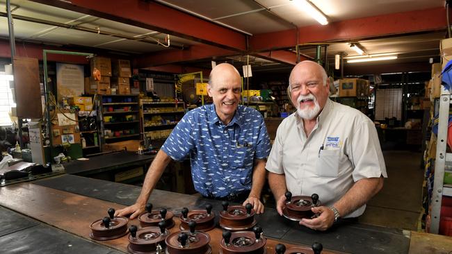 Glenn and Bruce Alvey at the Alvey Reels factory in Carole Park. Picture: Rob Williams