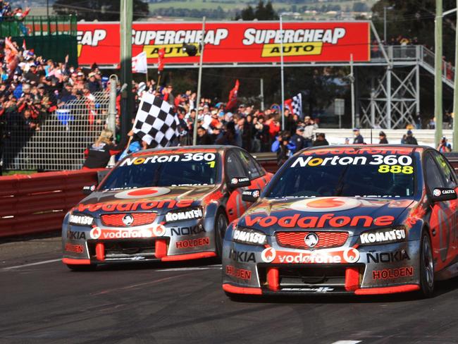 The unforgettable 2010 finish, as Triple Eight’s Craig Lowndes and Mark Skaife (R) crossed the finish line ahead of teammates Jamie Whincup and Steve Owen.