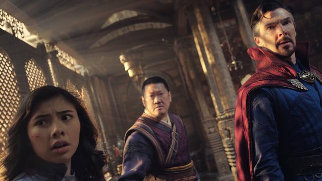 Xochitl Gomez as America Chavez, Benedict Wong as Wong, and Benedict Cumberbatch as Dr. Stephen Strange. Picture: Marvel Studios.