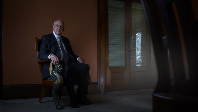 Paul Keating sits in the chair which was once housed in the Palace of the Tuileries in Paris. Picture: Nick Cubbin