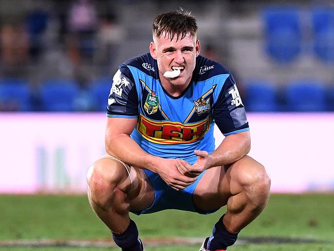 AJ Brimson of the Titans looks on at full-time during the Round 24 NRL match between the Gold Coast Titans and the Melbourne Storm at Cbus Super Stadium on the Gold Coast, Saturday, August 25, 2018. (AAP Image/Dave Hunt) NO ARCHIVING, EDITORIAL USE ONLY