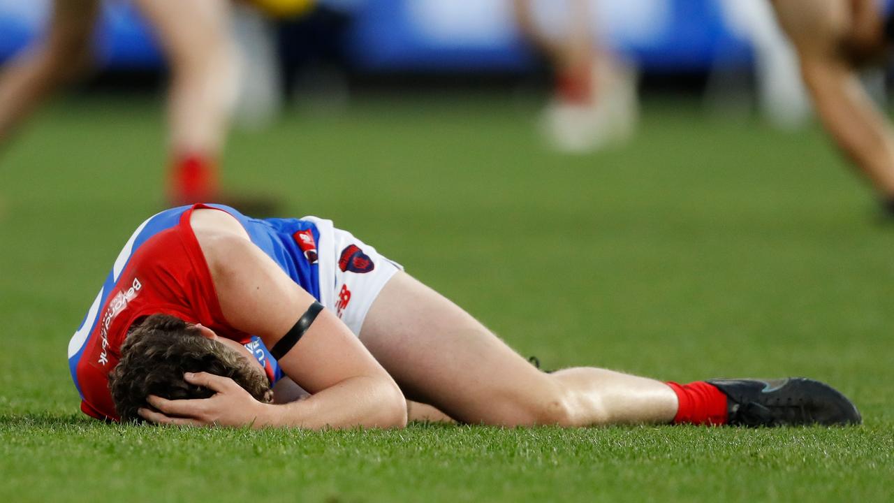 Demons’ debutant Daniel Turner’s day ended prematurely after a head knock. Picture: AFL Photos/Getty Images