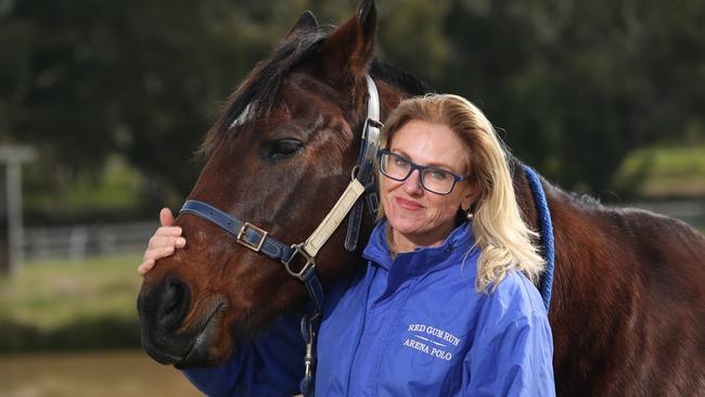 Inge Burke with 'Strategy' an off the track thoroughbred who was retained for Polo. Inge runs the Red Gum Run Arena in Freshwater Creek. They are taking precautions because of the spate of horse deaths. Picture: Alan Barber