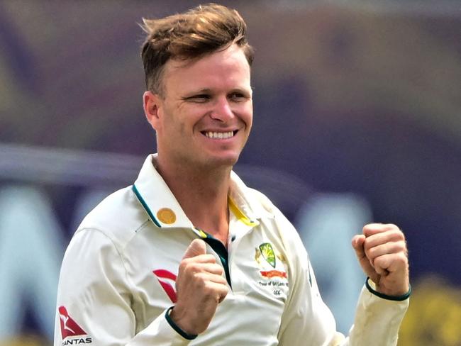 Australia's Matthew Kuhnemann celebrates after taking the wicket of Sri Lanka's Kamindu Mendis during the fourth day of the first Test cricket match between Sri Lanka and Australia at the Galle International Cricket Stadium in Galle on February 1, 2025. (Photo by Ishara S. KODIKARA / AFP)