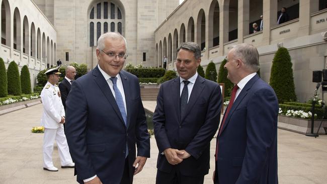 Scott Morrison, Richard Marles and Anthony Albanese after the Last Post ceremony at the Australian War Memorial in Canberra. Picture: NCA NewsWire / Gary Ramage