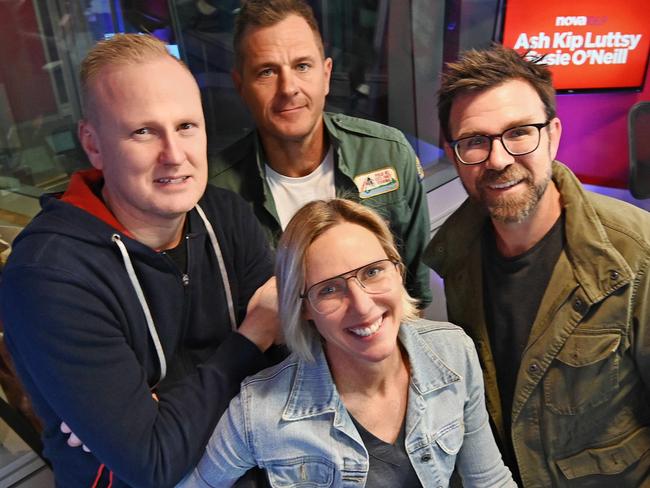 25/08/2021 : (L-R) Luttsy, Ash, Kip and Susie O'Neill (Ashley Bradnam, Kip Wightman, David "Luttsy" Lutteral) are leading the breakfast ratings in Brisbane for their show on Nova FM, here inside their studio in Teneriffe, Brisbane. Lyndon Mechielsen/The Australian