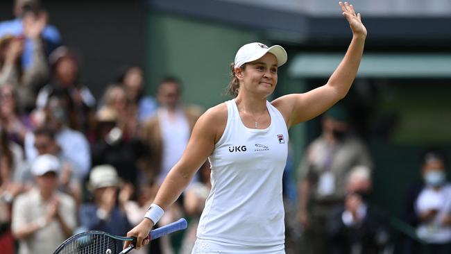 Ash Barty celebrates after booking her place in the Wimbledon final. Picture: AFP Photo