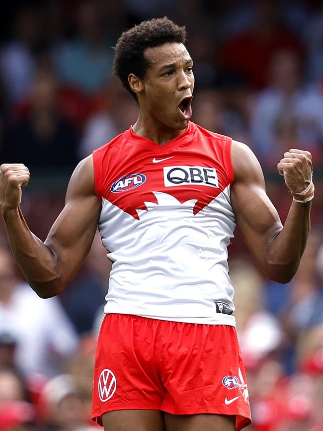 Joel Amartey was an exciting presence up forward for the Swans in round 3 as he booted four goals in the crushing win over Hawthorn. Picture: Phil Hillyard