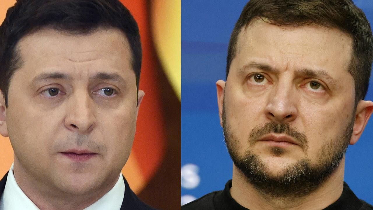 Twelve months on, Zelensky is a changed man. Picture: Sergei Supinsky and Ludovic Marin/AFP