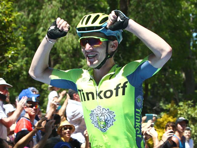 Tour Down Under - Stage 2 - Unley to Stirling. Stage winner Jay McCarthy (right) raises his arms after taking the win in a sprint finish from Diego Ulissi from Lampre second. Photo Sarah Reed.