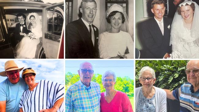 Valentine’s Day wisdom: three couples give their wedding advice. From left; Eris and Russell Platt today and on their wedding day; Jenny and Trevor Mahony; and Judith and Lyle Bird.