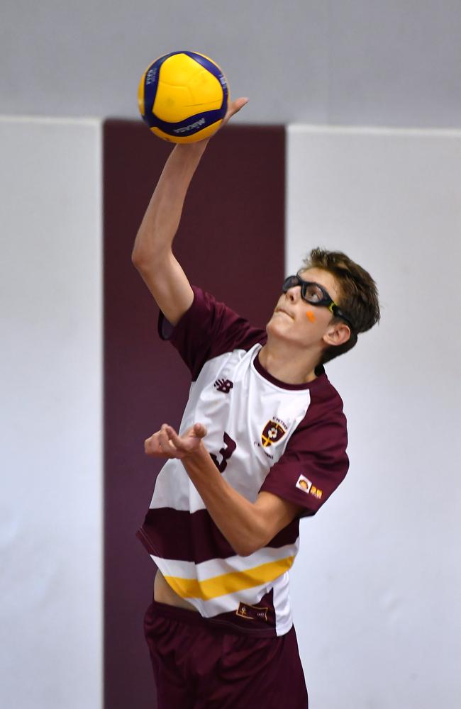 Finn Killan playing for St Peters in Associated Independent Collages Firsts volleyball round five on Saturday March 4, 2023. Picture: John Gass