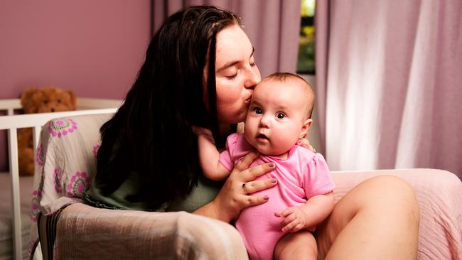 Grace Blacklock with her 4 month old daughter Katie Searle, speaks about raising a baby during COVID-19 lockdown. Picture: Alix Sweeney