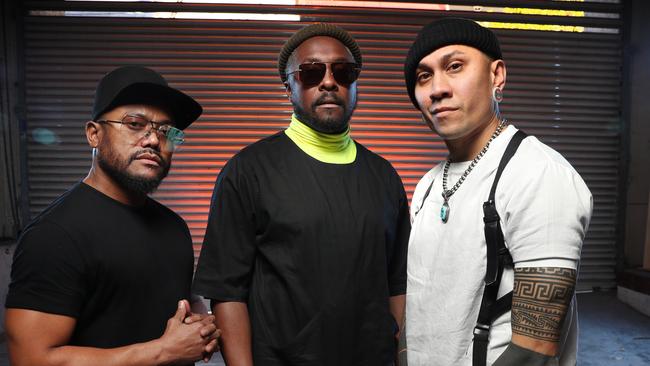 Black Eyed Peas star will.i.am (centre) accused Qantas of racism. Picture: Richard Dobson