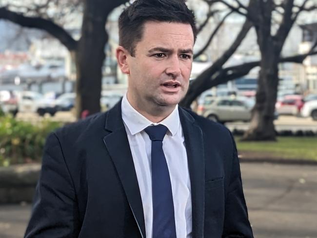 Labor MP Dean Winter speaks to the media on Parliament Lawns in Hobart on Monday, July 3, 2023.