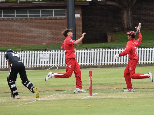 Oska Astuy celebrates the dismissal of Rajveer Masrani with wicketkeeper Arnav Kandari. Picture: Sean Teuma