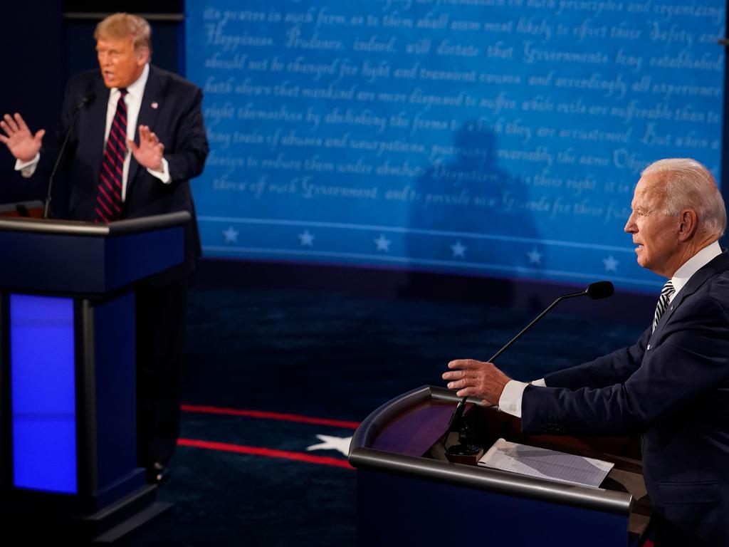 Donald Trump and Joe Biden take part in the first presidential debate in 2020. Picture: AFP