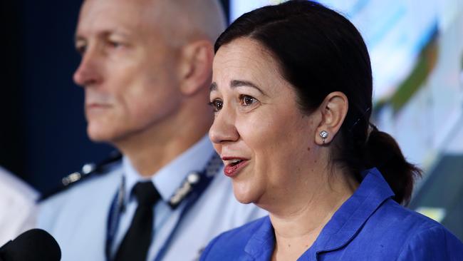 Premier Annastacia Palaszczuk speaking at a press conference about Tropical Cyclone Marcia at the Emergency Services Complex at Kedron. Pics Tara Croser.