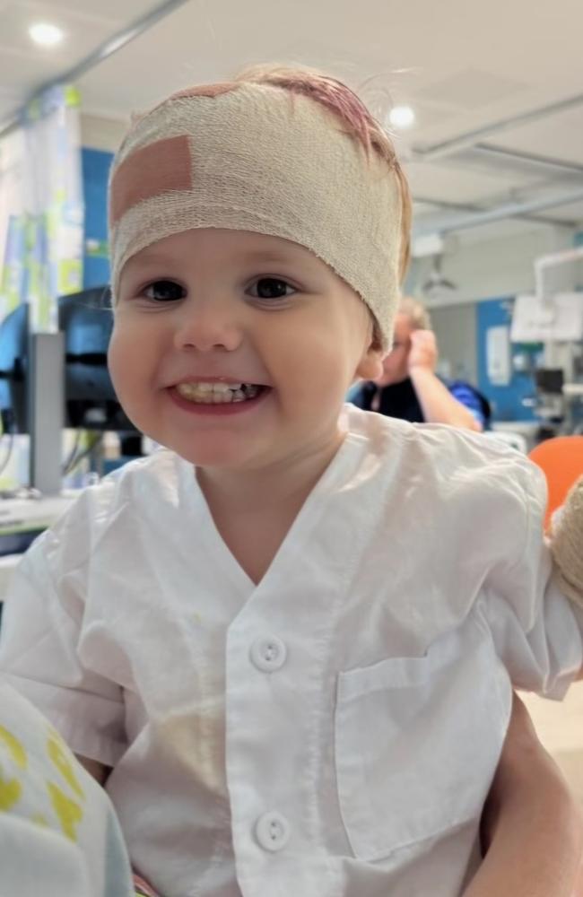 Darling Townsville toddler Flynn Pfoeffer is bravely battling back against all the odds after surgery for atypical teratoid rhabdoid tumour (ATRT), a rare and aggressive form of brain cancer that cruelly afflicts children aged under three years. Picture: Supplied