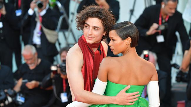 Timothée Chalamet and Taylor Russell attend the "Bones And All" red carpet at the 79th Venice International Film Festival. Picture: Dominique Charriau/WireImage