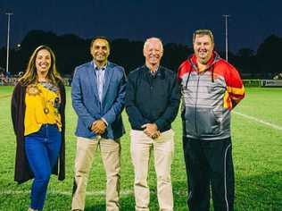 SWITCHED ON: Deputy Mayor Tegan Swan, former Member for Coffs Harbour Andrew Fraser and newly elected MP Gurmesh Singh with Coffs Harbour Comets president Steve Gooley. Picture: CHCC