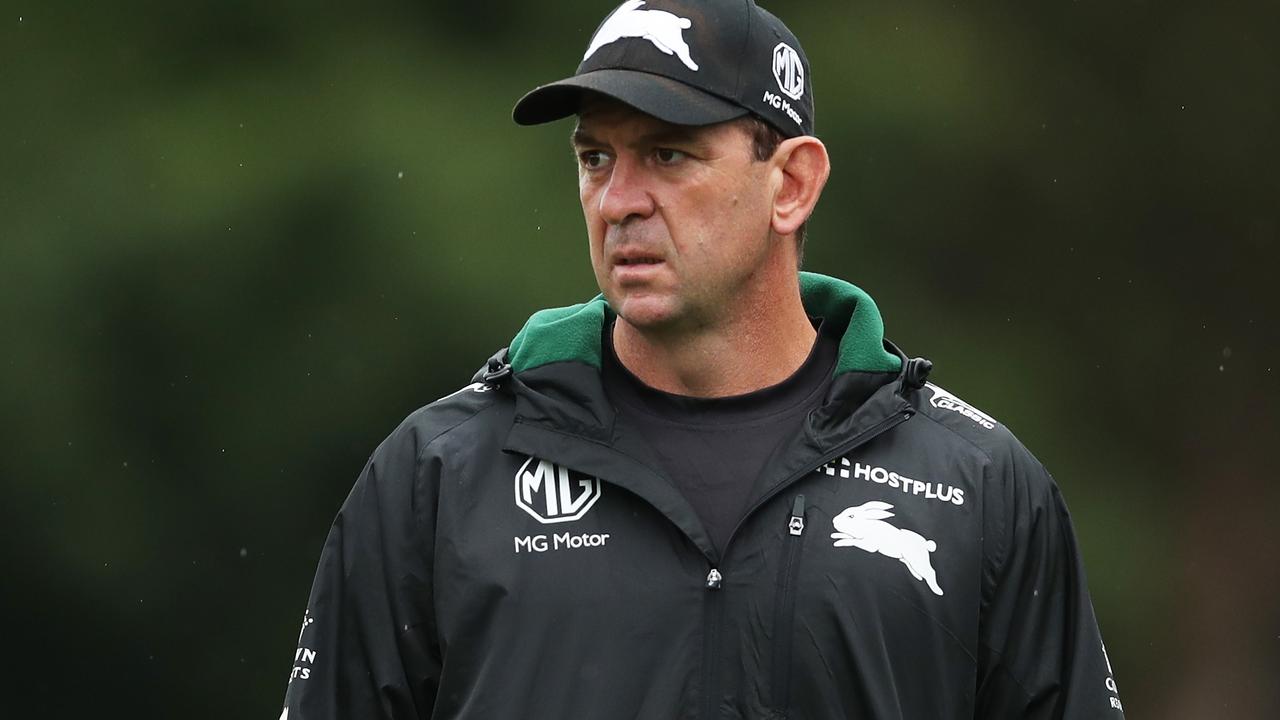 SYDNEY, AUSTRALIA - MARCH 08: Rabbitohs head coach Jason Demetriou looks on during a South Sydney Rabbitohs NRL Training Session at Redfern Oval on March 08, 2022 in Sydney, Australia. (Photo by Matt King/Getty Images)