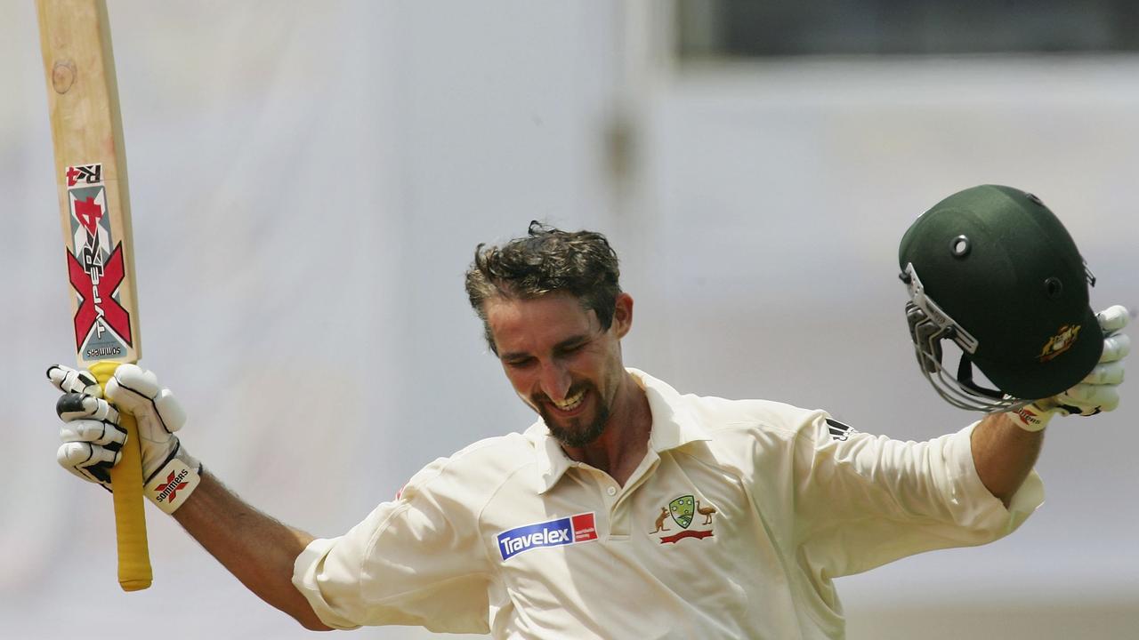 Jason Gillespie of Australia celebrates his double century against Bangladesh. Picture. Hamish Blair/Getty Images)