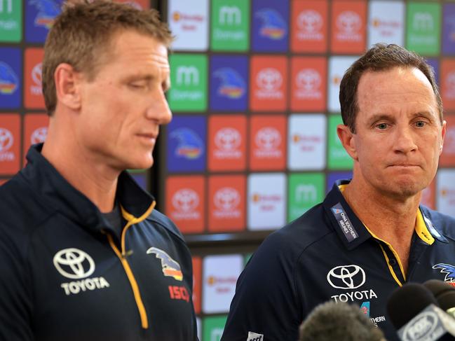 ADELAIDE, AUSTRALIA - JUNE 23:  (L-R) Adelaide Crows football manager Brett Burton and Adelaide Crows Senior Coach Don Pyke speak to the media during a press conference at AAMI Stadium on June 23, 2018 in Adelaide, Australia.  (Photo by Daniel Kalisz/Getty Images)