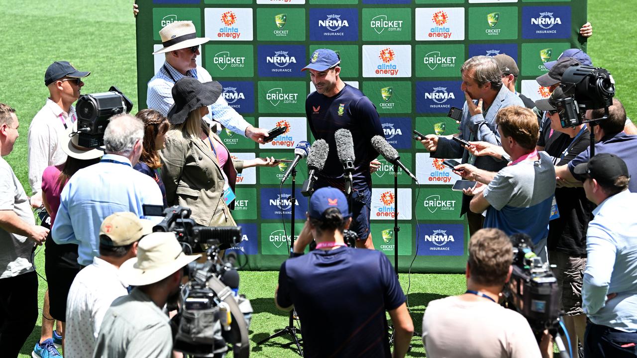 South African captain Dean Elgar speaks to the media. Photo by Bradley Kanaris/Getty Images