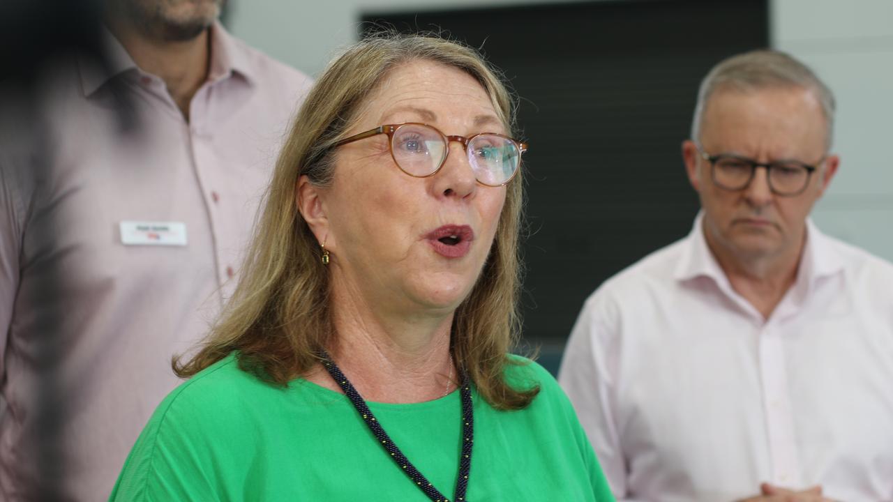 Infrastructure Minister Catherine King attends a press conference at the PCYC Cairns alongside Prime Minister Anthony Albanese on Tuesday, January 7, 2025. Picture: Samuel Davis