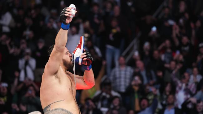 Tai Tuivasa celebrates after winning his UFC 271 heavyweight fight against Derrick Lewis. Picture: Getty Images