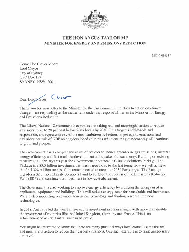 Angus Taylor’s letter urging the Lord Mayor to consider her emissions contribution.