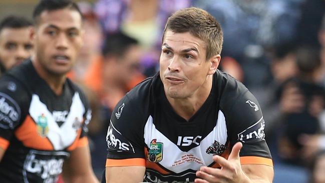 Matt Ballin of the Tigers during the Wests tigers v Newcastle Knights NRL round 11 game at Campbelltown Stadium. pic Mark Evans