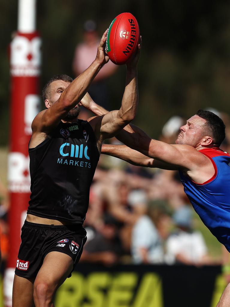 Steven May’s high hit on Dan Butler. Picture: Michael Klein