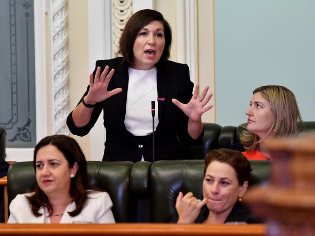 Environment Minister Leeanne Enoch addresses Question Time yesterday with Premier Annastacia Palaszczuk (left) and Treasurer Jackie Trad in front. Picture: Darren England/AAP