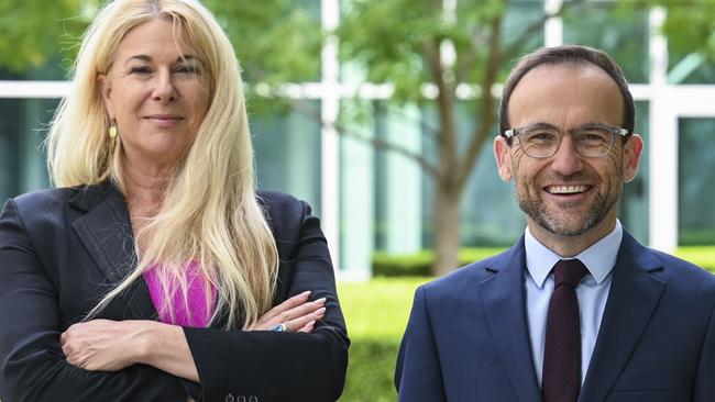 Greens candidate for Richmond, Mandy Nolan and Leader of the Australian Greens Adam Bandt speak to media during a doorstop at Parliament House on March 29, 2022 in Canberra, Australia. Picture: Martin Ollman/Getty Images