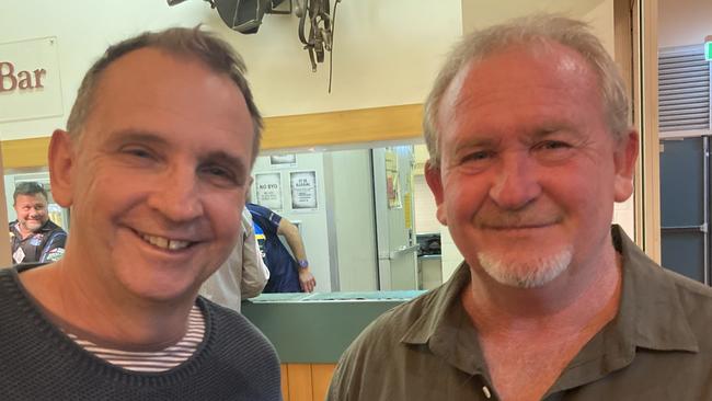 Garth Murray and Ashley Pearce celebrate the 50th anniversary of the Rainbows Rugby League Football Club at its golden jubilee at the Gympie Showgrounds Pavilion on the night of June 3, 2023.